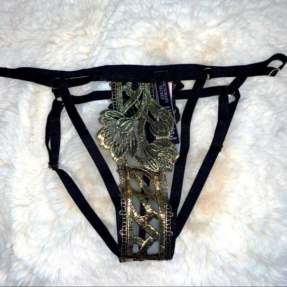 NWT VICTORIA'S SECRET VERY SEXY BLACK GOLD STRAPPY STRING BIKINI PANTY - Picture 1 of 7